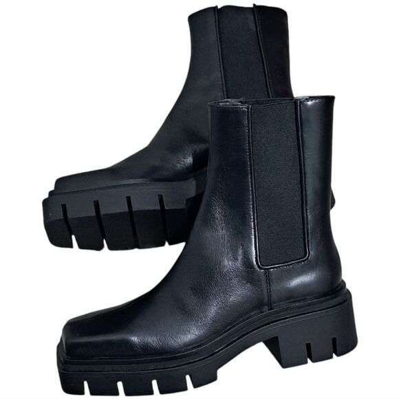 Zara Leather Square Toe Platform Chunky Streetwear Boot Size 37 - Black - Picture 10 of 15